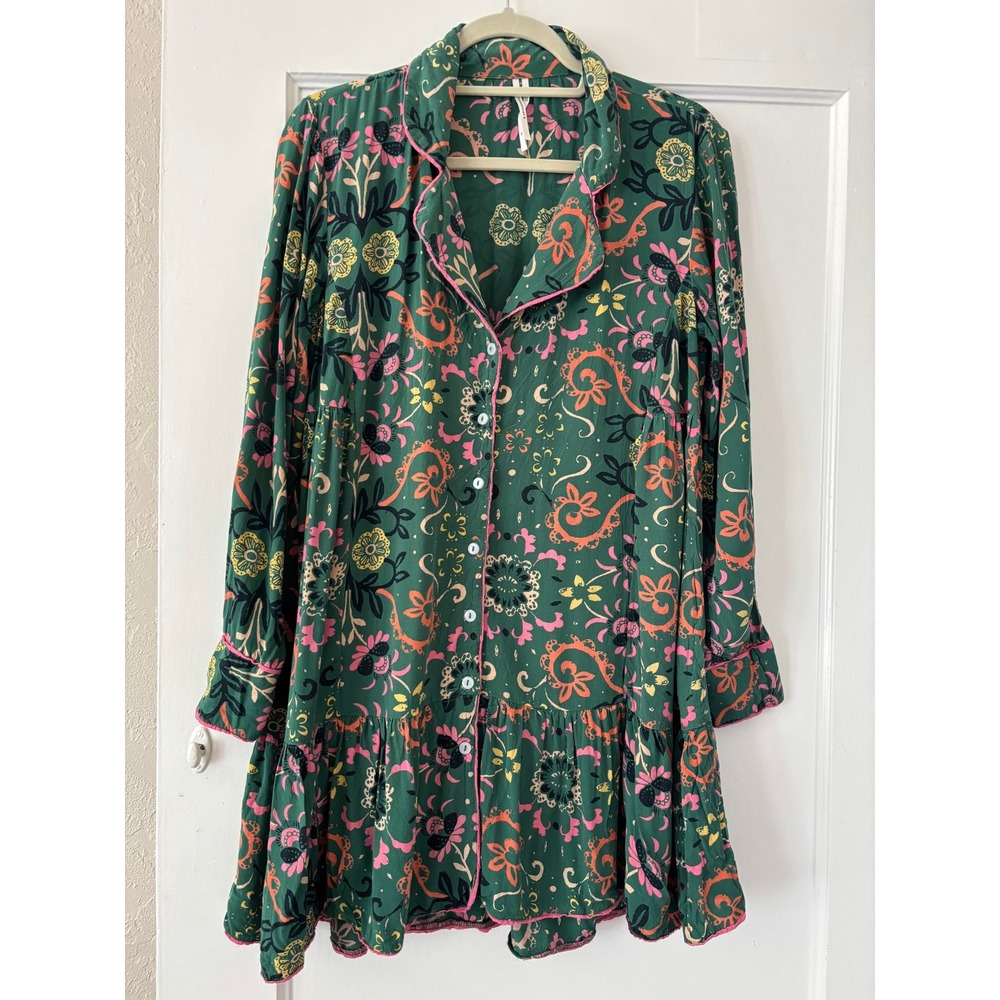 Anthropologie Green Floral Button Front Tiered Tunic Mini Dress XS Vintage India